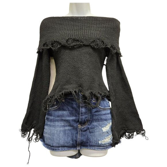 Distressed Black Knit Sweater Women’s Off-Shoulder Bell Sleeve Grunge Goth - Picture 1 of 11